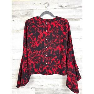 Carmen Marc Valvo Womens M Black Red Abstract Bell-Sleeve Lightweight Blouse